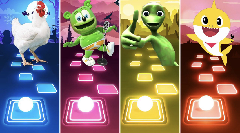 Курица - Желейный Медведь - Зеленый Человек - Малыш Акулёнок | Tiles Hop