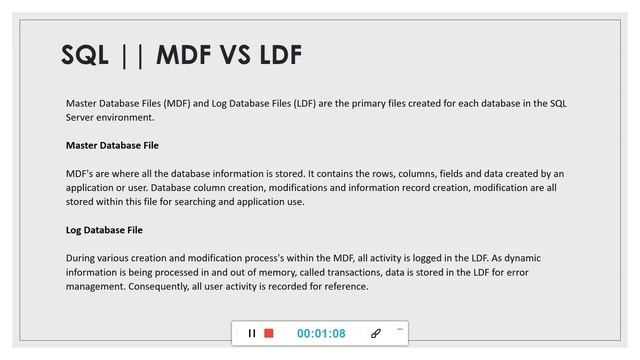 MDF Vs LDF in SQL Server || Master data File Vs Log Data File || Database