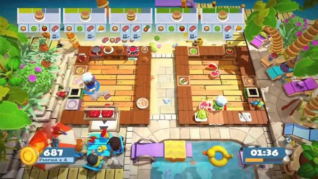 Overcooked 2 / DLC. Surf 'n' Turf / Level 1-3 / 4 Stars /  2 Player