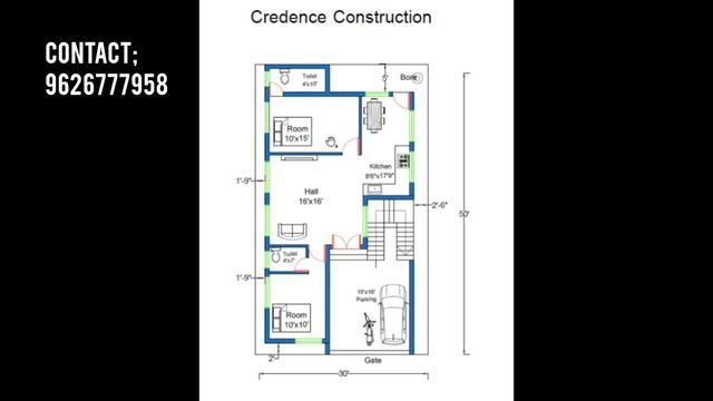 South Face House Plan 30×50 2 Bedrooms With Car Parking|tamil|1200sqft