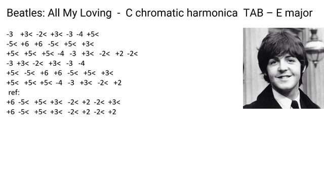 Practice Beatles: All My Loving - E Major  -  C Chromatic Harmonica  TAB