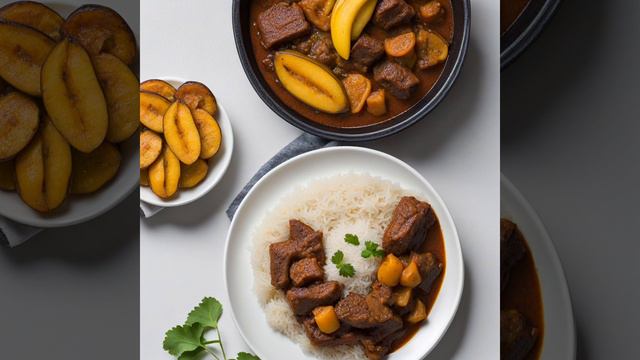 Тушеная говядина по-доминикански с бананами и рисом