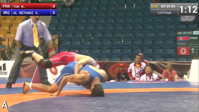1/4 GR - 59 Kg: W. YUH (PRK) Df. K. AL BETHANI (IRQ) By TF, 8-0