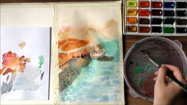 Рисунок черепахи акварелью. / Schildkröte In Aquarell