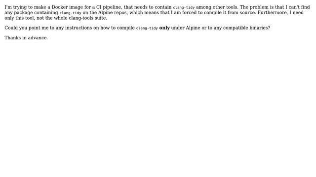 Unix & Linux: Compile Clang-tidy Under Alpine Linux