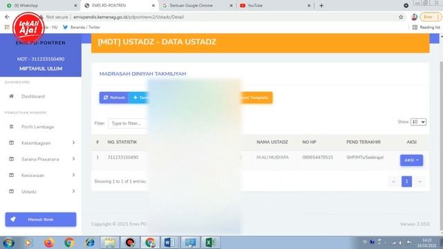 CARA MENGISI DATA SANTRI DAN DATA USTADZ | EMIS PD PONTREN 2021