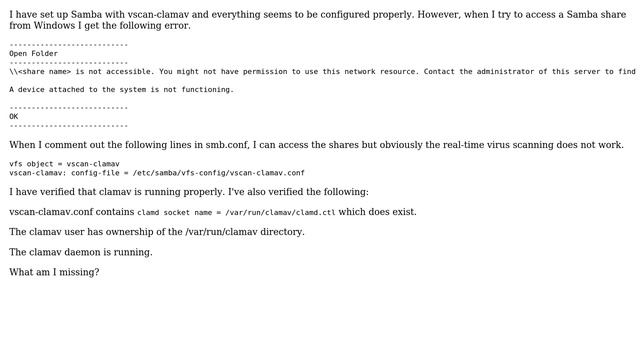 Ubuntu: Inaccessible Samba Share With Vscan-clamav
