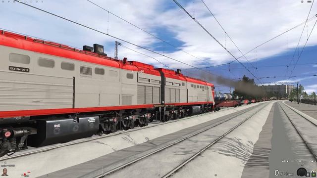 2ТЭ10М-2018 с платформами проходит ст.Самозвановка на проход. Trainz19