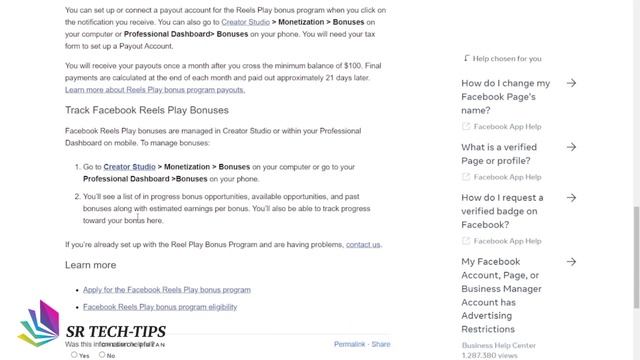 Facebook Reels 2022 | Facebook Reels Play Bonus Program Eligibility #SRTECHTIPS @SR TECH-TIPS