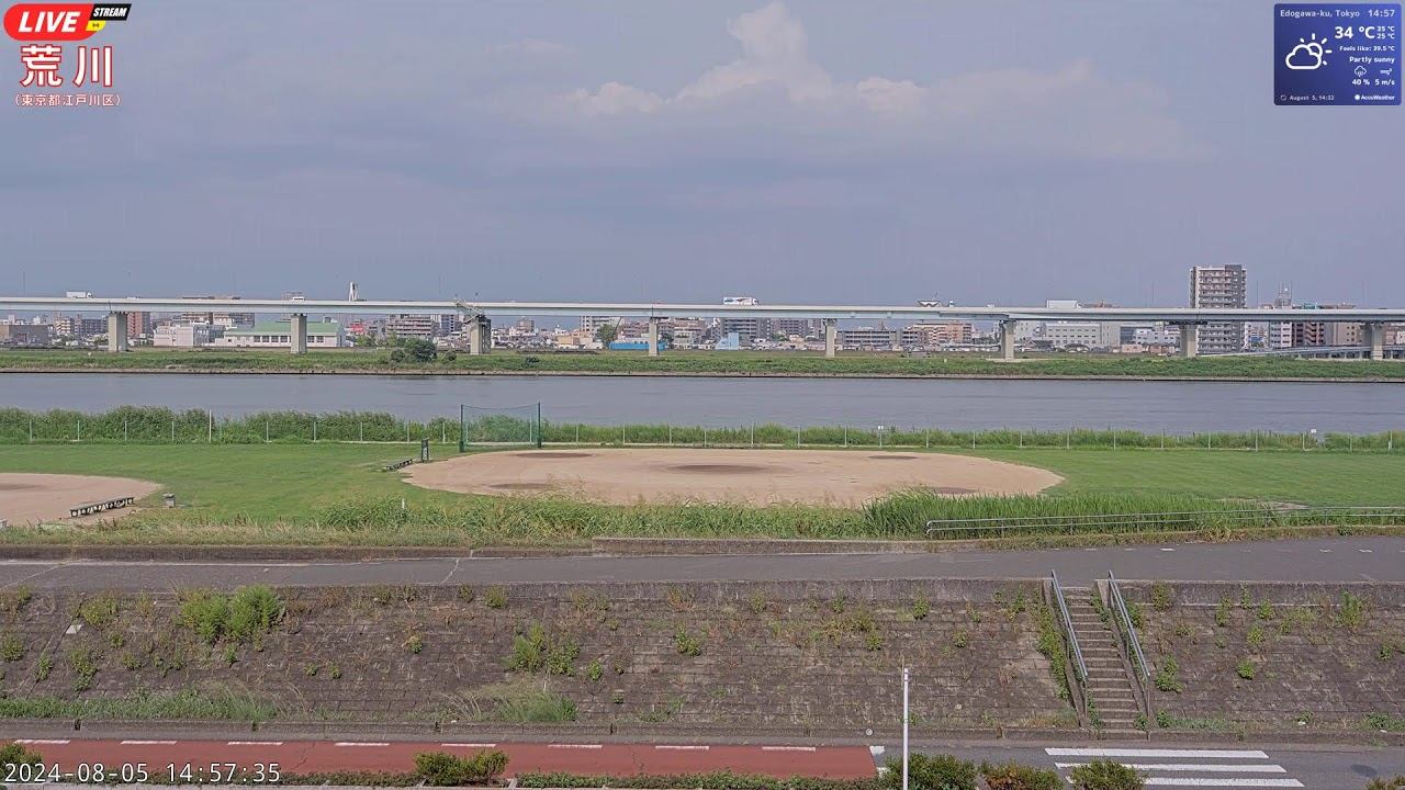 [2024-08-05 12:00～]荒川 土手 河川敷グラウンド 4K Live Cam Arakawa River In Tokyo