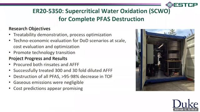 ESTCP Project ER20-5350: Supercritical Water Oxidation (SCWO) For Complete PFAS Destruction