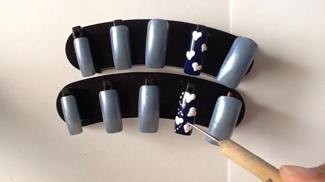 Press On Nail Art Design 007 Light & Navy Blue Hearts Square