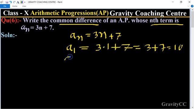 Q6 | Write The Common Difference Of An A.P. Whose Nth Term Is An = 3n + 7. | Arithmetic Progression