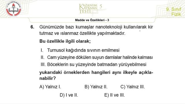 9.Sınıf MEB Fizik Kazanım Kavrama Testi-5 +PDF (Madde Ve Özellikleri-2) [2019-2020]