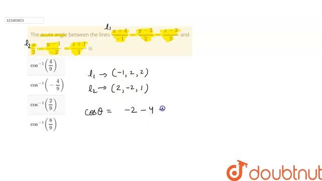 The acute angle between the lines `(x+4)/-1 = (y-2)/2 = (z-3)/2` and `x/2 = (y-1)/-2 = (z+1)/1` is