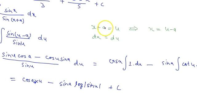 Find The Following Integrals: (i) `intsin^3xcos^2x Dx` (ii) `int(sinx)/(sin(x+a)dx` (iii) `int1/...