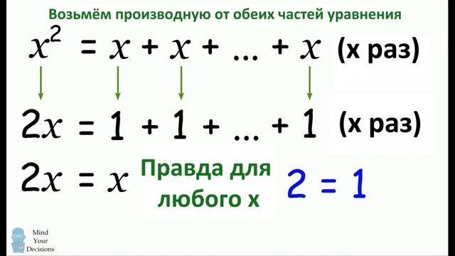 2 = 1 ДОКАЗАТЕЛЬСТВО | НАЙДИТЕ ОШИБКУ | MindYourDecisions на русском