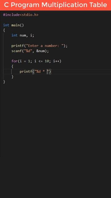 C Program To Print Multiplication Table #shorts
