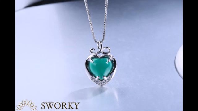 SWORKY Jewelry New Sterling Silver 925 Heart Green Agat Glass