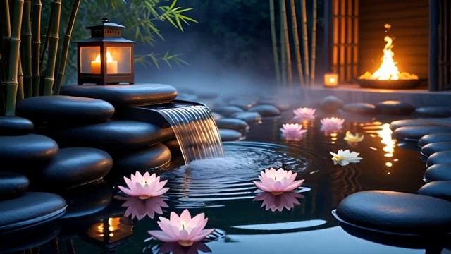 Tranquil Bamboo Waterfall & Fireplace _ Deep Meditation & Relaxing Zen Ambience