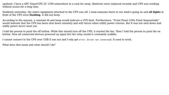 DevOps & SysAdmins: APC SmartUPS Suddenly All Lights Flashing. What's Going On?