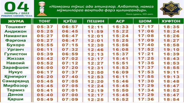 4-НОЯБР НАМОЗ ВАҚТЛАРИ 2022 // 4-NOYABR NAMOZ VAQTLARI 2022
