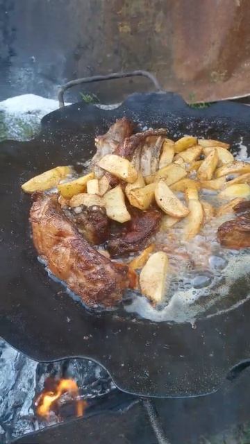 Картошка с мясом на костре