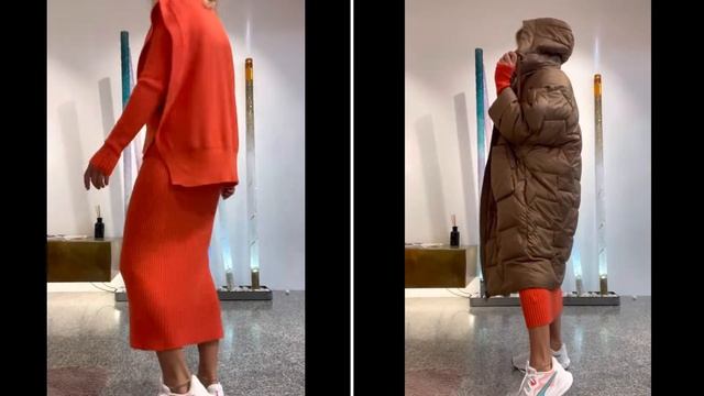 пуховик и трикотажное платье