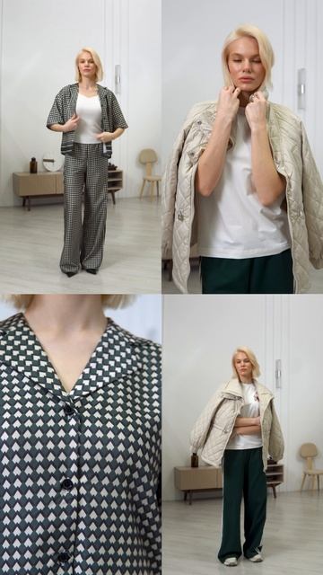 Новинки SAVAGE – костюм состоящий из блузки и брюк с геометричным принтом и зеленые брюки с лампасам