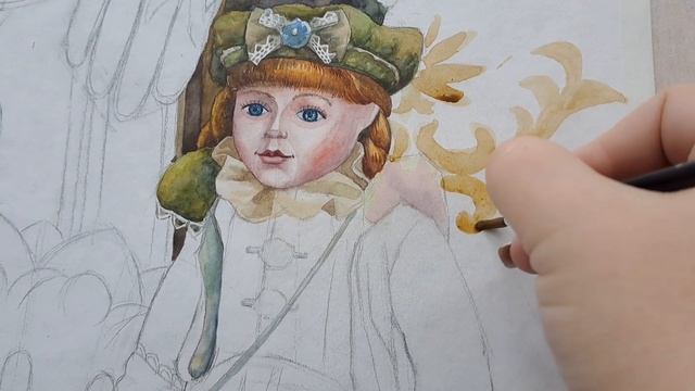 Начинаем писать чёрные перчатки и вводить фон вокруг куклы.