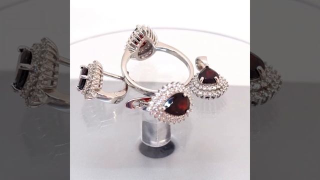 Темный оранжево-красный гранат и куб цирконий 925 #сере?