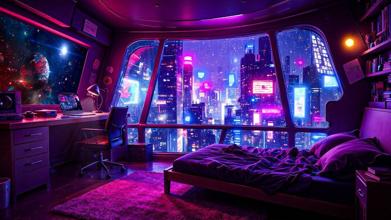 Cosmic Lofi Hip Hop Room 🚀 Chill Beats & Rainy Neon City For Study & Sleep 🌧️ Lofi Rain Playlist