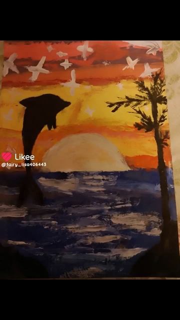 Рисунок гуашью,🐬 дельфин выпрыгивающий из воды на фоне заката