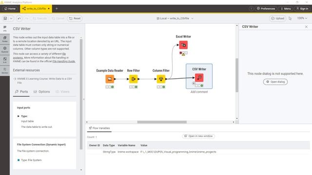 KNIME. CSV Writer Nodes.