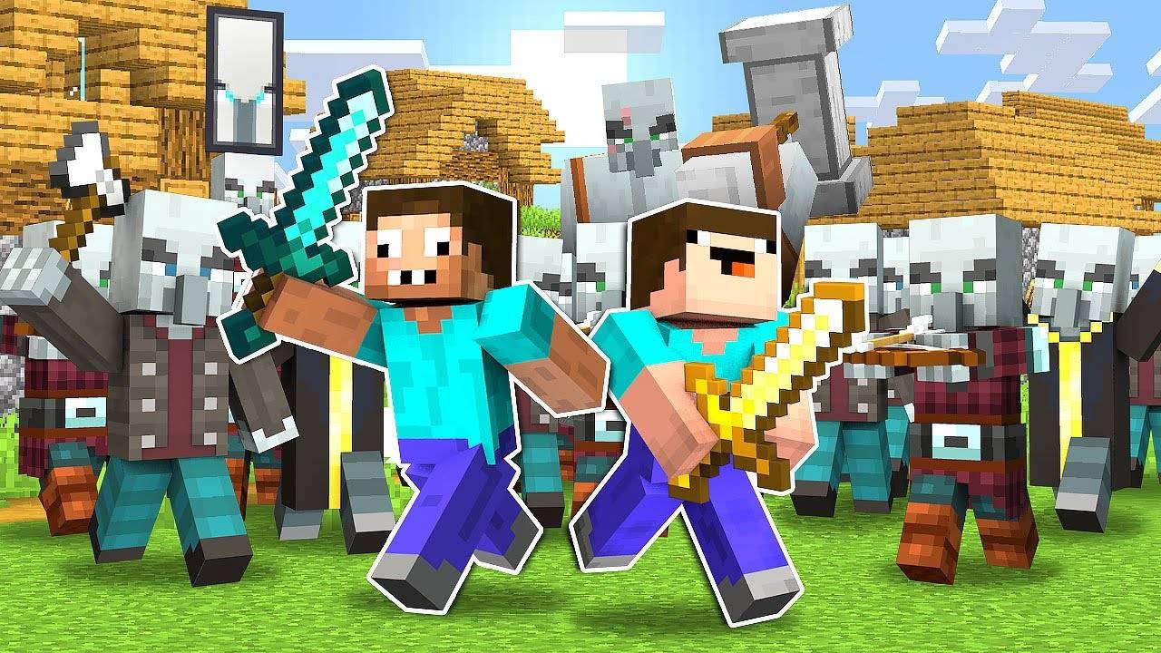 НУБ И ПРО ЗАЩИЩАЮТ ДЕРЕВНЮ ЖИТЕЛЕЙ ОТ МЕГА РЕЙДА В МАЙНКРАФТ ! НУБИК И ТРОЛЛИНГ ЛОВУШКА MINECRAFT