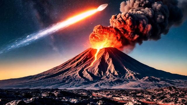 комета над извергающимся вулканом