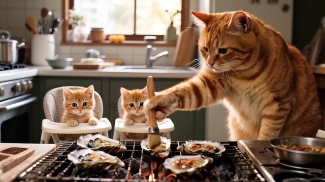 Котята попали под дождь! Мама-кошка готовит еду для всех и пускает мыльные пузыри