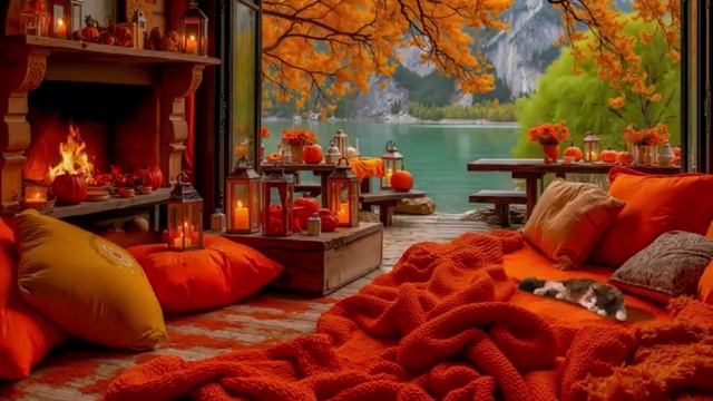 🕯️ УЮТНЫЙ ДЖАЗ-ДИВАН 🧡 Осенний релакс с котом и камином | Для учёбы, работы и сна 🔥