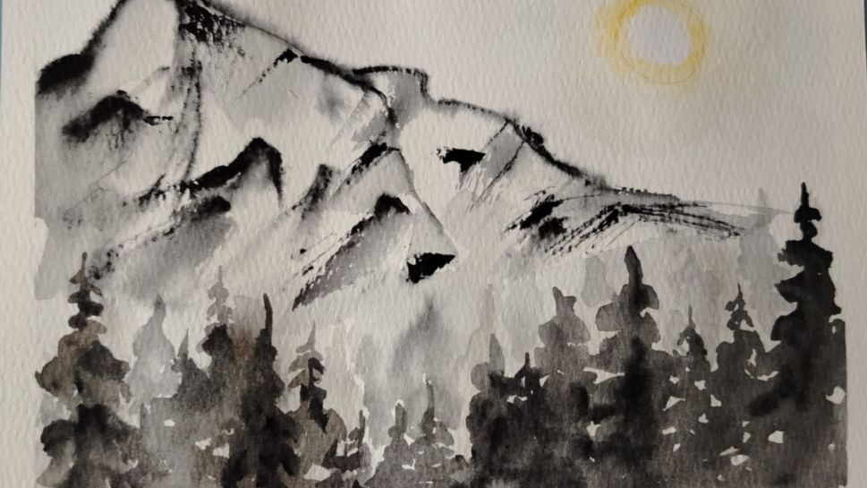 Акварель.Горы,елки.