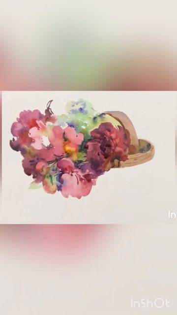 Корзинка с пионами. Акварель. Ласаева Марина #watercolor #акварель #art