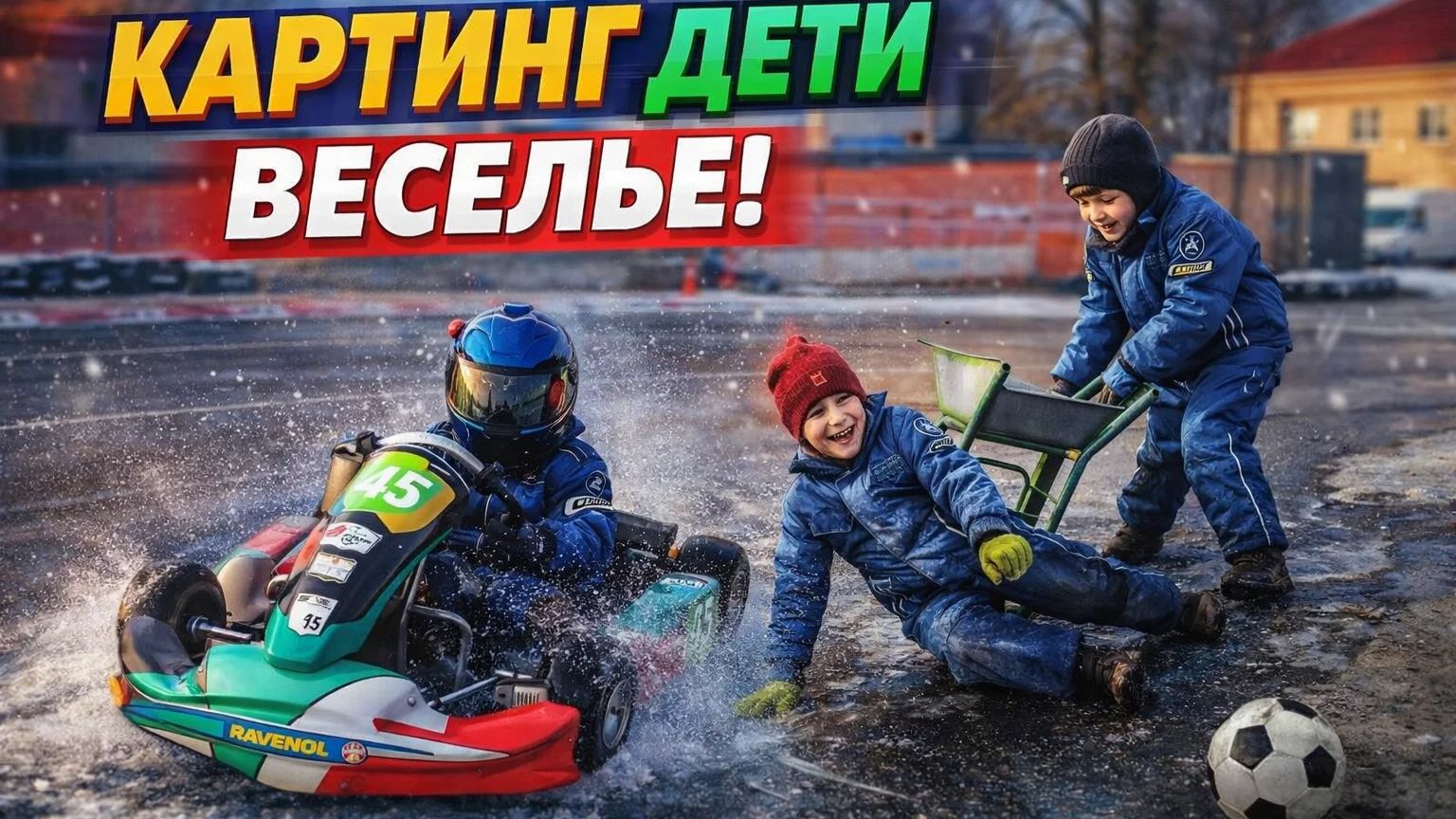 Картинг, скорость, вылеты, дети дурачатся на льду!