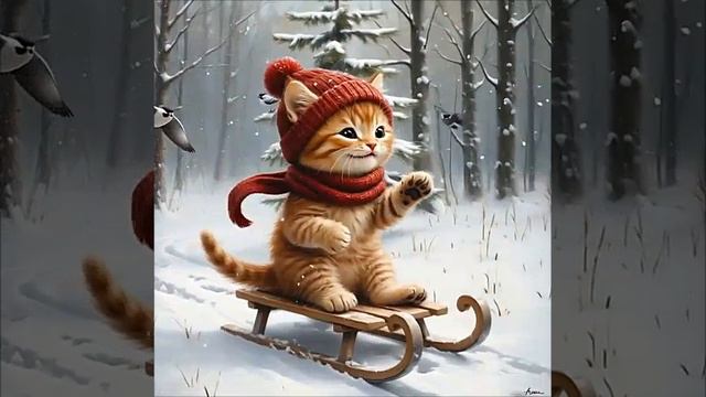 🐈Рыжий котёнок катается на санках🛷 по зимнему лесу❄️, анимация, нейросеть