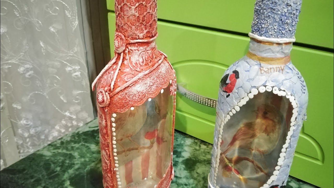 ДЕКОР бутылок ШПАТЛЕВКОЙ и ЯИЧНОЙ СКОРЛУПОЙ.