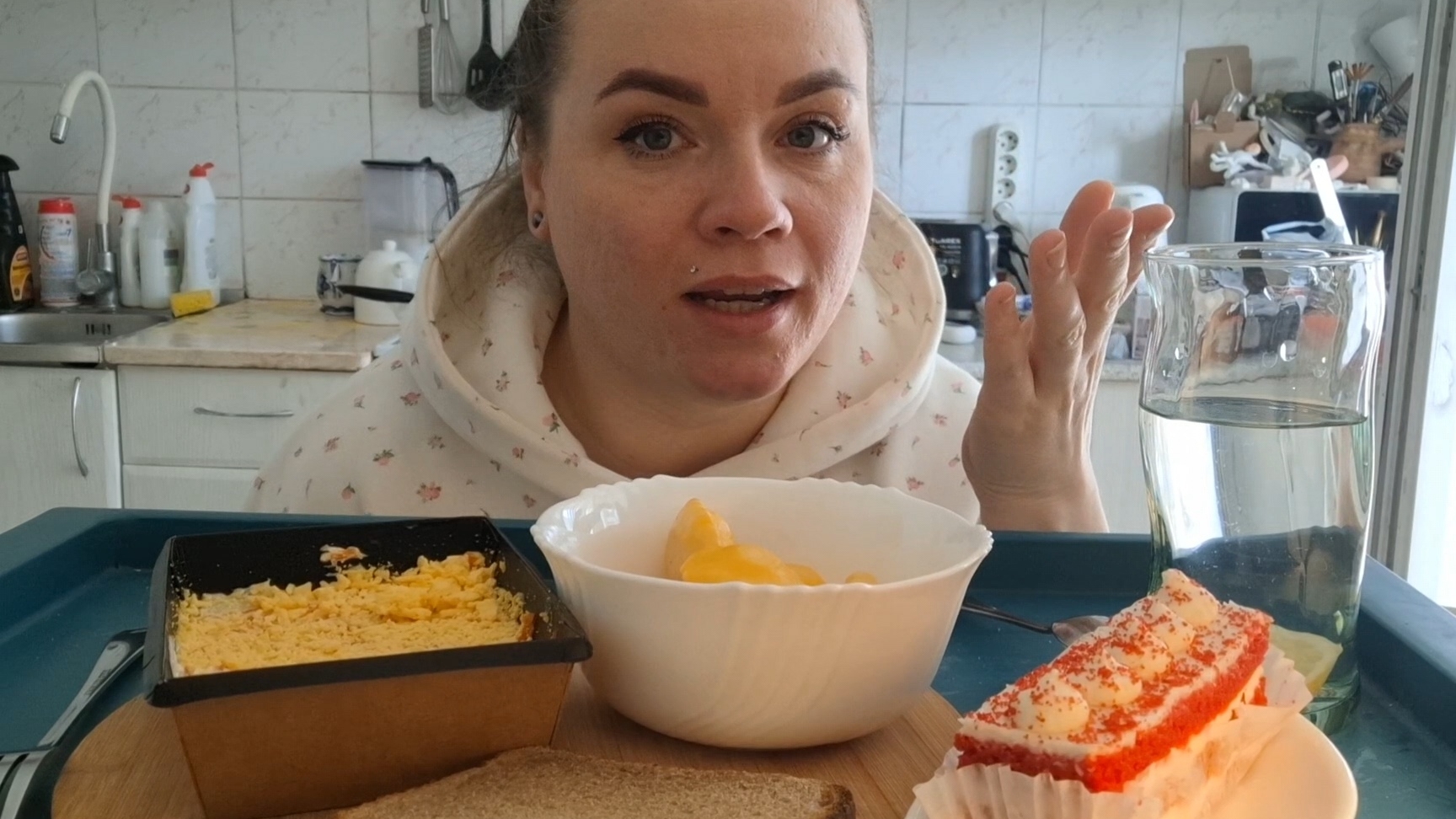 Мукбанг салат мимоза, патисоны, тортик | Всем приятного #обед #мукбанг )