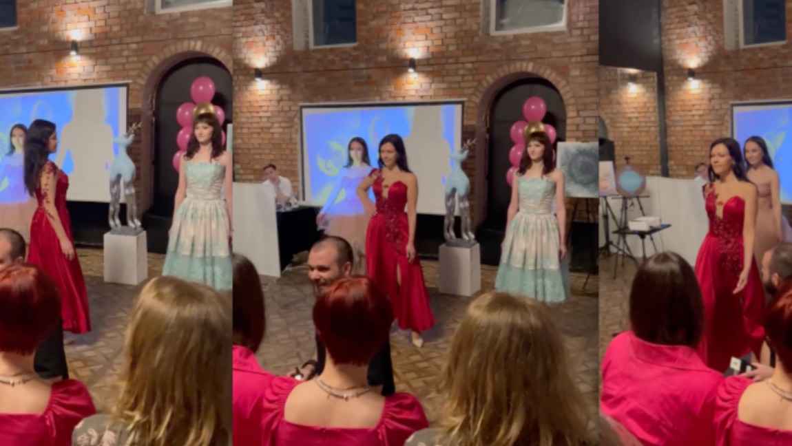Модель Елена Ковалева Школа Elite Models Показ мод Hide Платье Марины Березиной