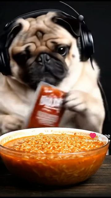 мопсик пробует лапшу бульдак