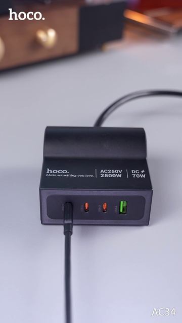 Hoco. AC34: 70W GaN зарядка с 3C1A и EU розеткой. #hoco #hocoAC34 #GaNTech #УмныйДом #Переходник