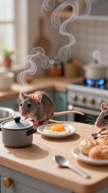 Кулинарные приключения мышонка: Завтрак на раскаленной сковороде! #мышонок #кулинария #вкусно