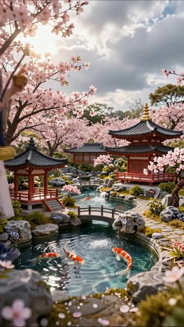 Красота японского сада: цветение сакуры и карпы #японскийсад #цветениясакуры #природа