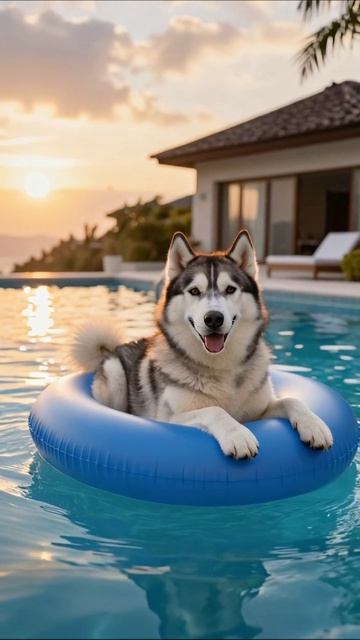 Собака-алaskan маламут на надувном круге у бассейна #собака #отдых #лето